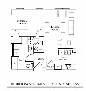Floor plan for 1 bed, 1 bath, 635 sqft